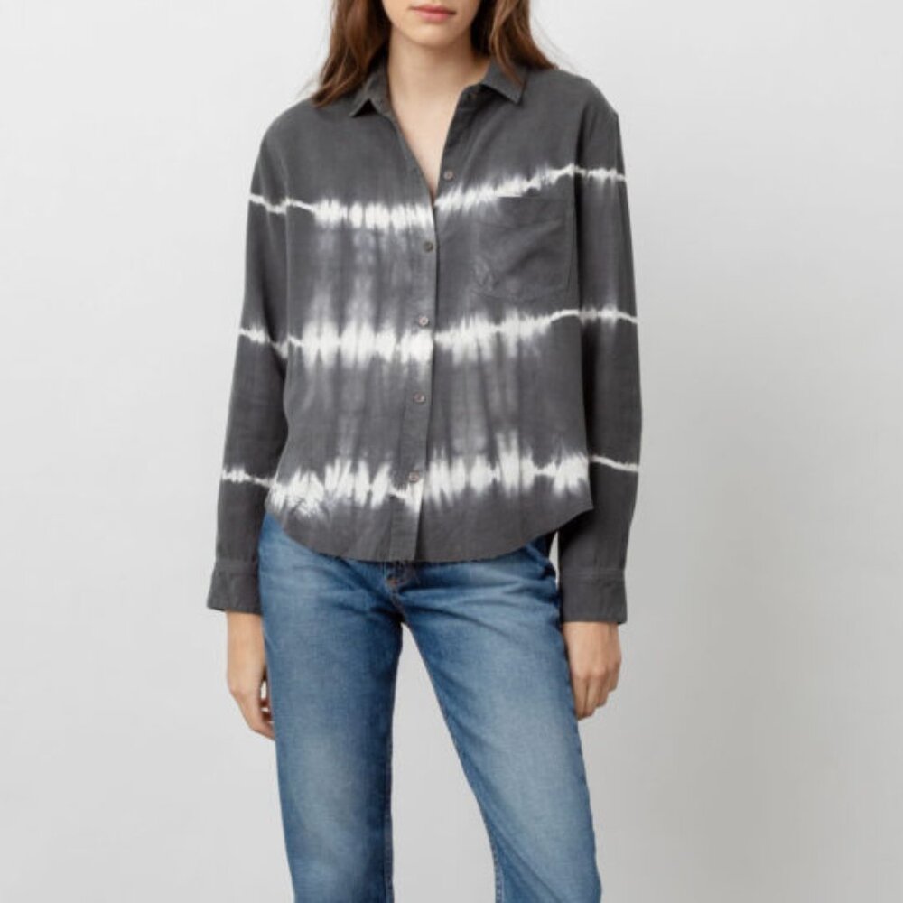 Rails Ingrid Tie-Dye Raw Hem Button Up Shirt Coal White Waves L coastal casual